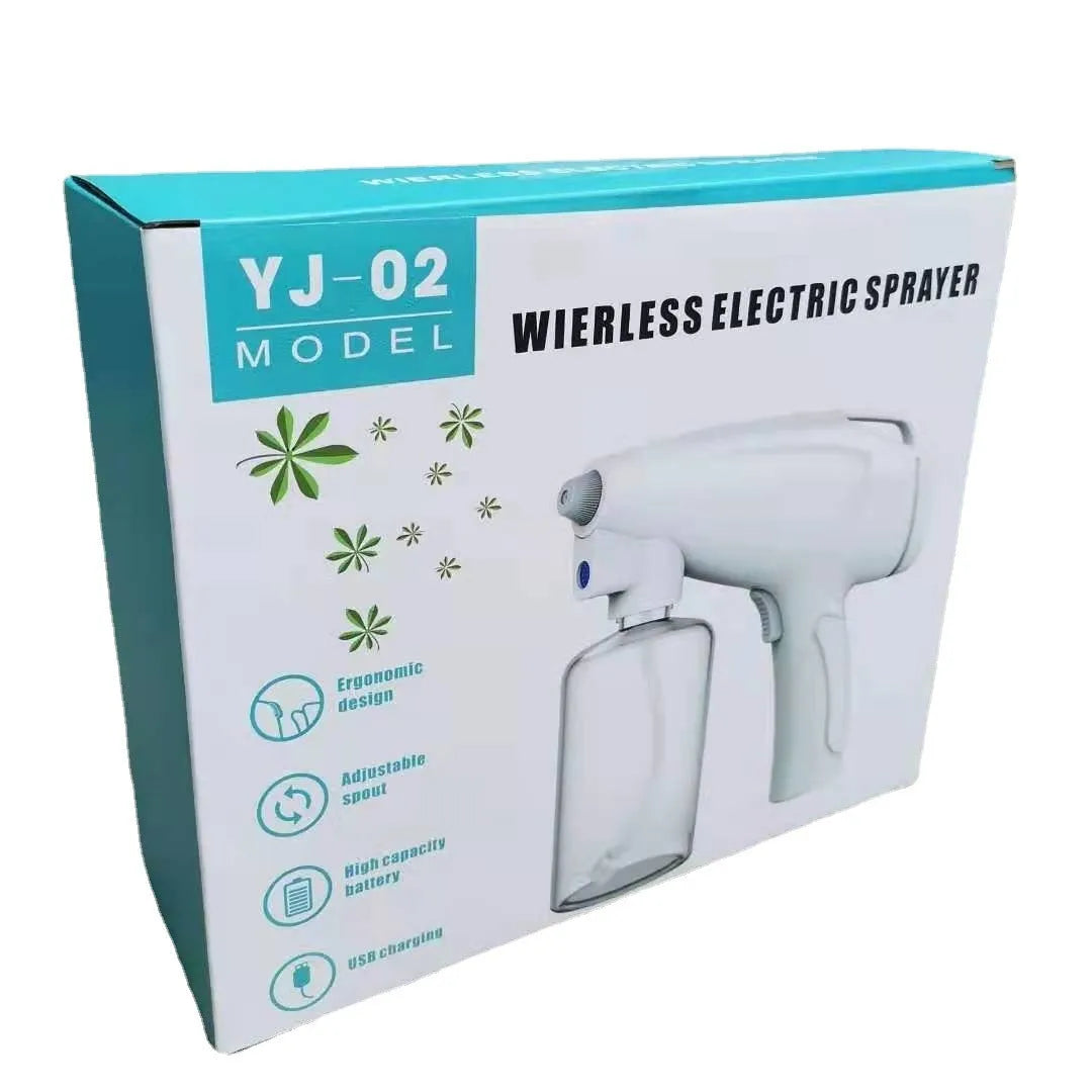 White handheld cordless electric disinfectant spray gun with bottle attached on a white background.