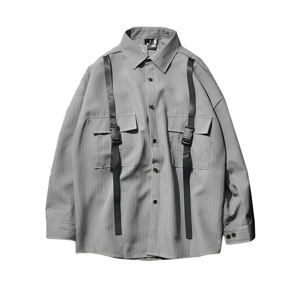 Retro wild striped black long sleeved loose shirt with square collar, front view on model
