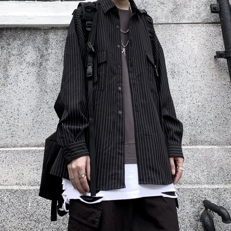 Retro wild striped black long sleeved loose shirt with square collar, front view on model