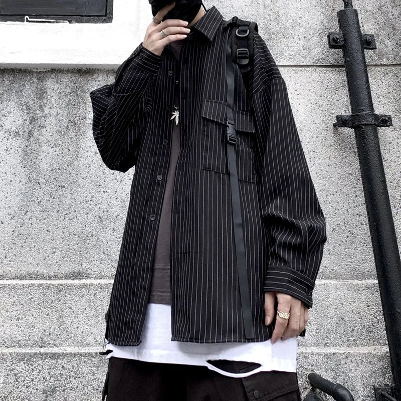 Retro wild striped black long sleeved loose shirt with square collar, front view on model
