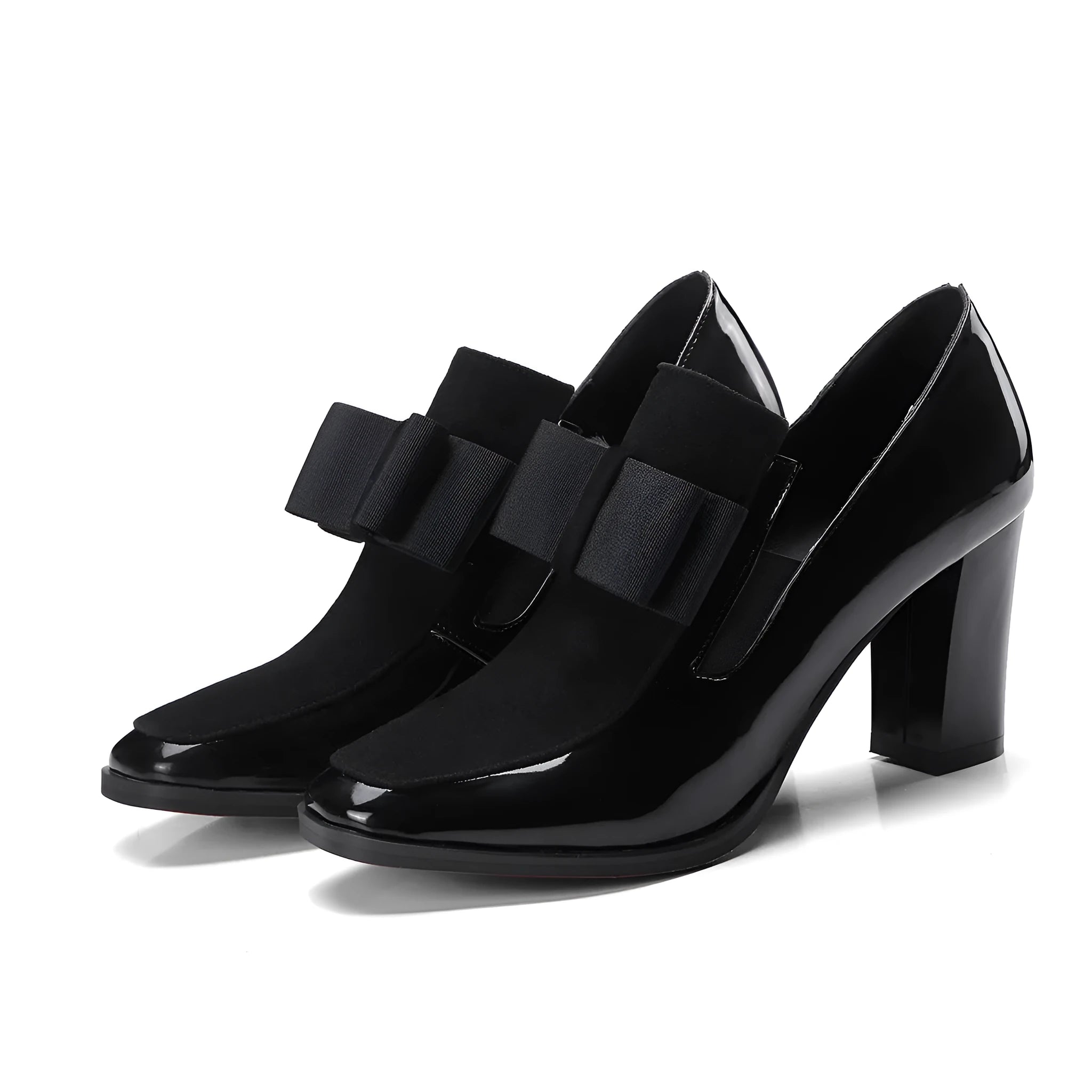 Large size black patent leather women's high heels with a thick super high heel and square toe.