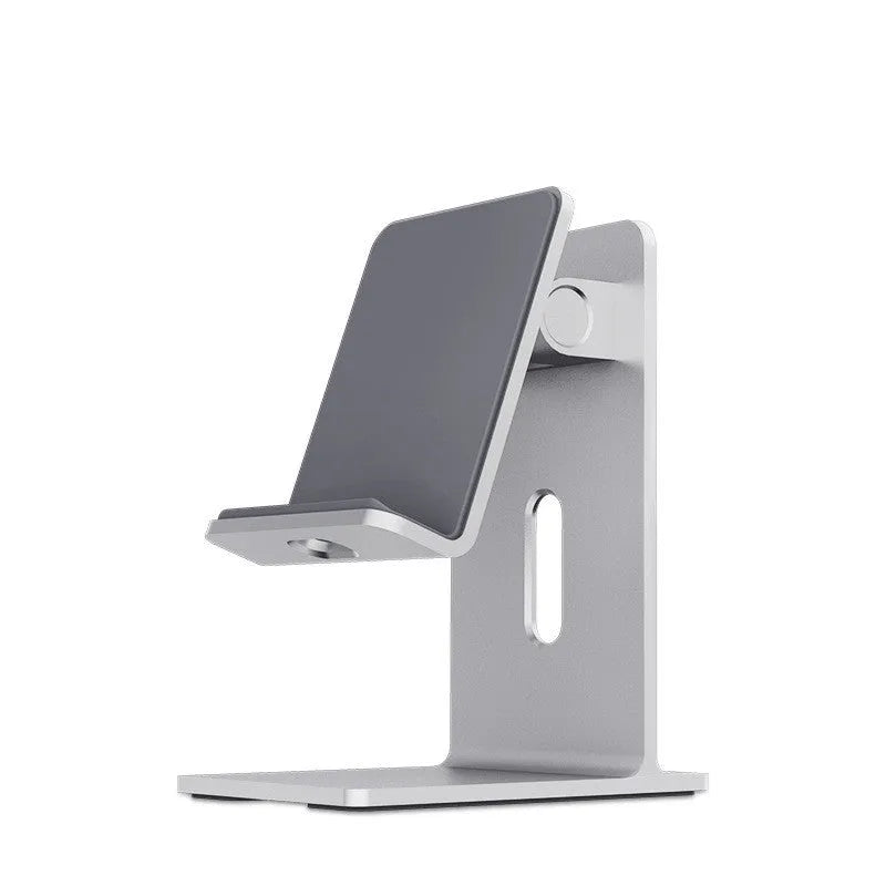 Alloy lazy bracket mobile phone holder in dark grey, clamped to a desk edge holding a smartphone.