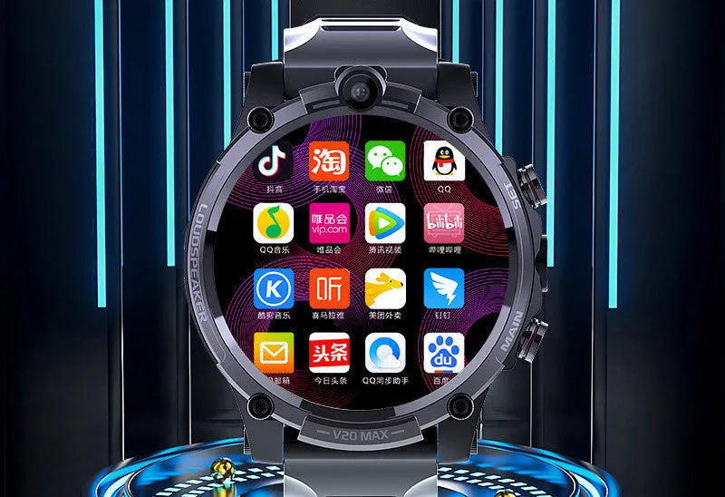Black adult 4G smartwatch with touch screen, dual cameras, and wrist strap on a person's arm.