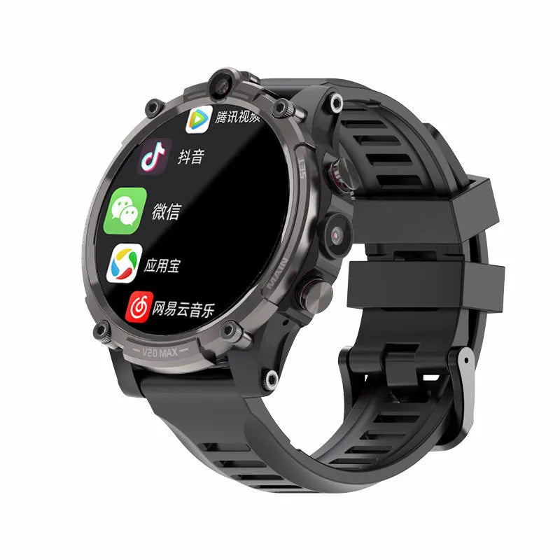 Black adult 4G smartwatch with touch screen, dual cameras, and wrist strap on a person's arm.