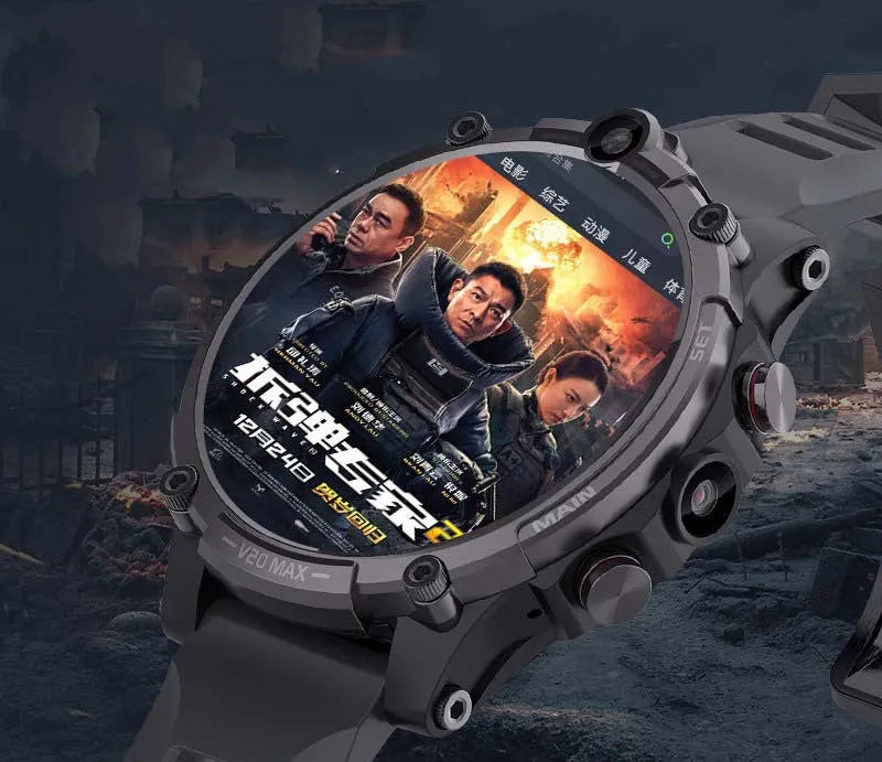 Black adult 4G smartwatch with touch screen, dual cameras, and wrist strap on a person's arm.