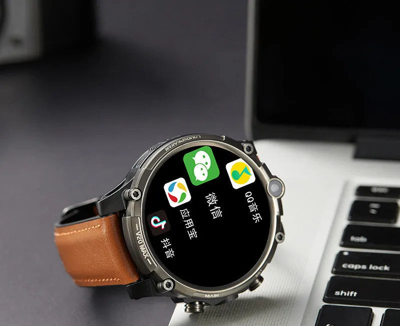 Black adult 4G smartwatch with touch screen, dual cameras, and wrist strap on a person's arm.