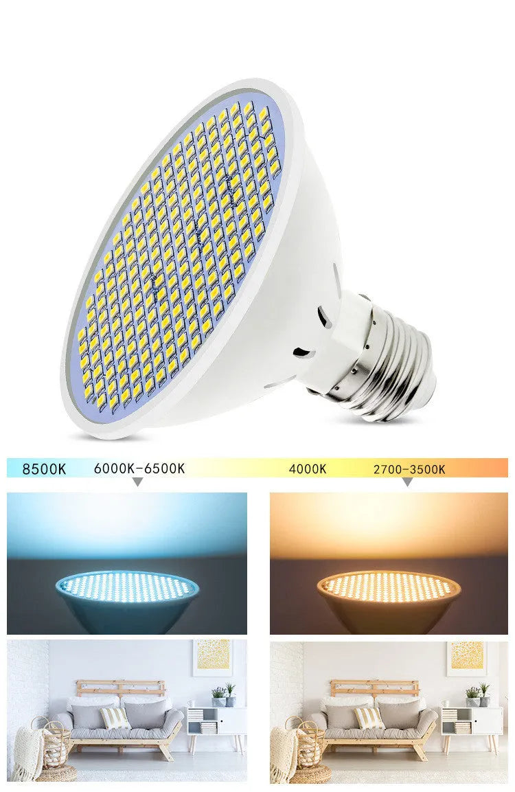 E27 screw-base LED light bulb with a white polycarbonate lamp cup, shown alongside warm white and cool white lighting options.