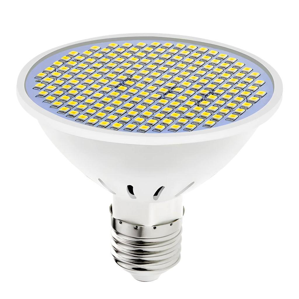 E27 screw-base LED light bulb with a white polycarbonate lamp cup, shown alongside warm white and cool white lighting options.