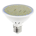 E27 screw-base LED light bulb with a white polycarbonate lamp cup, shown alongside warm white and cool white lighting options.