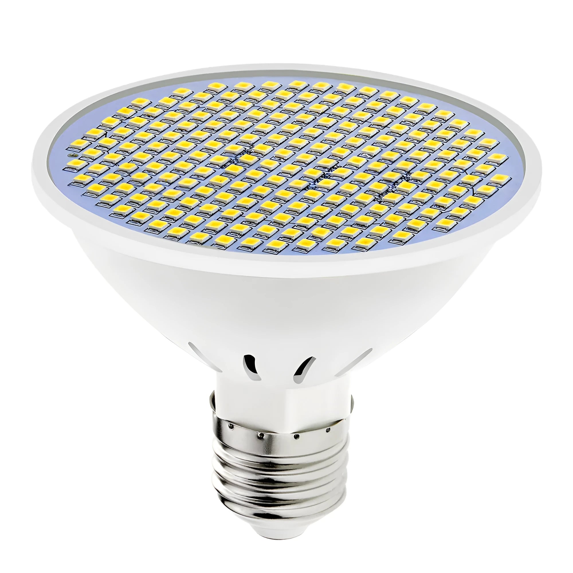 E27 screw-base LED light bulb with a white polycarbonate lamp cup, shown alongside warm white and cool white lighting options.