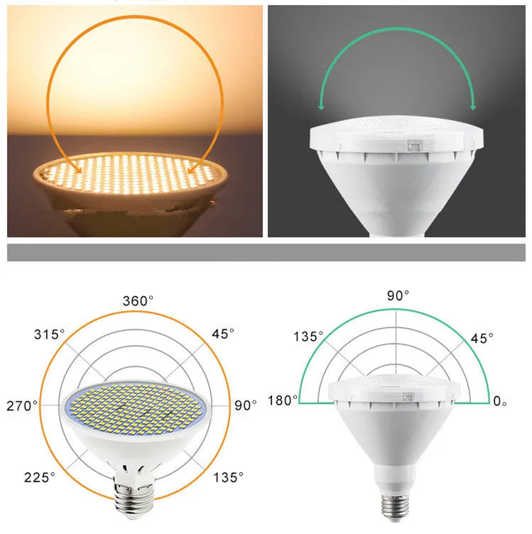 E27 screw-base LED light bulb with a white polycarbonate lamp cup, shown alongside warm white and cool white lighting options.