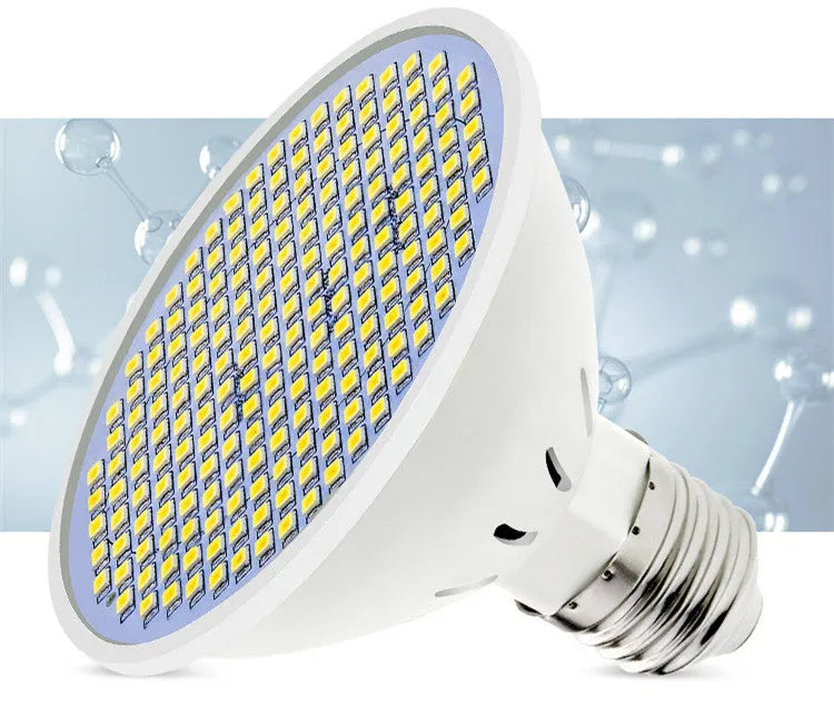 E27 screw-base LED light bulb with a white polycarbonate lamp cup, shown alongside warm white and cool white lighting options.