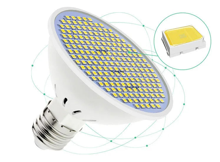 E27 screw-base LED light bulb with a white polycarbonate lamp cup, shown alongside warm white and cool white lighting options.