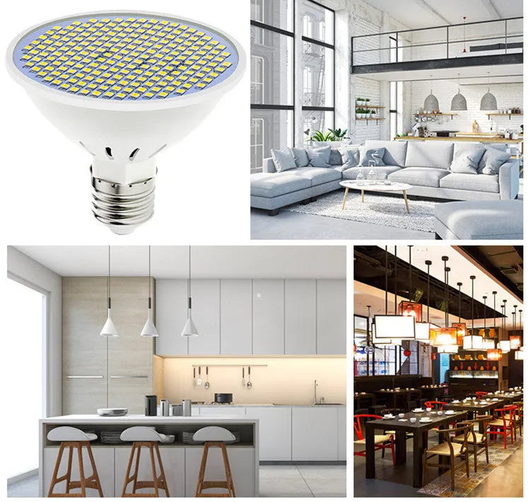 E27 screw-base LED light bulb with a white polycarbonate lamp cup, shown alongside warm white and cool white lighting options.
