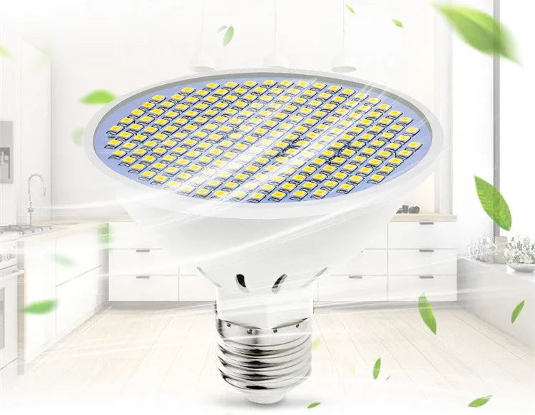 E27 screw-base LED light bulb with a white polycarbonate lamp cup, shown alongside warm white and cool white lighting options.