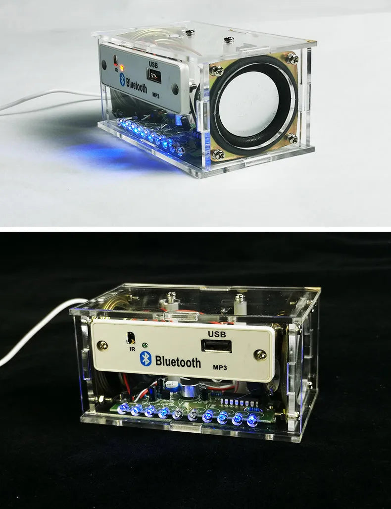 Bluetooth speaker DIY electronic kit with loose components and transparent housing for assembly