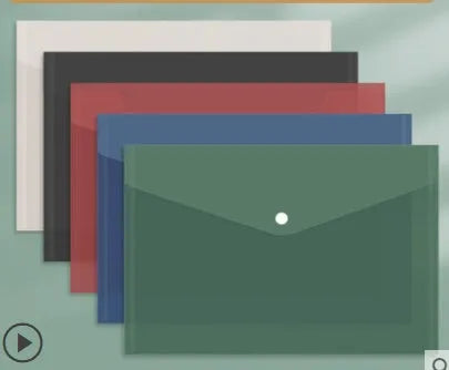 Transparent thickened plastic A4 file bag with snap closure, shown in various colour options.