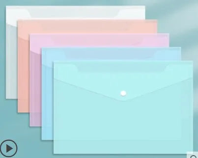 Transparent thickened plastic A4 file bag with snap closure, shown in various colour options.