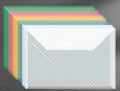 Transparent thickened plastic A4 file bag with snap closure, shown in various colour options.