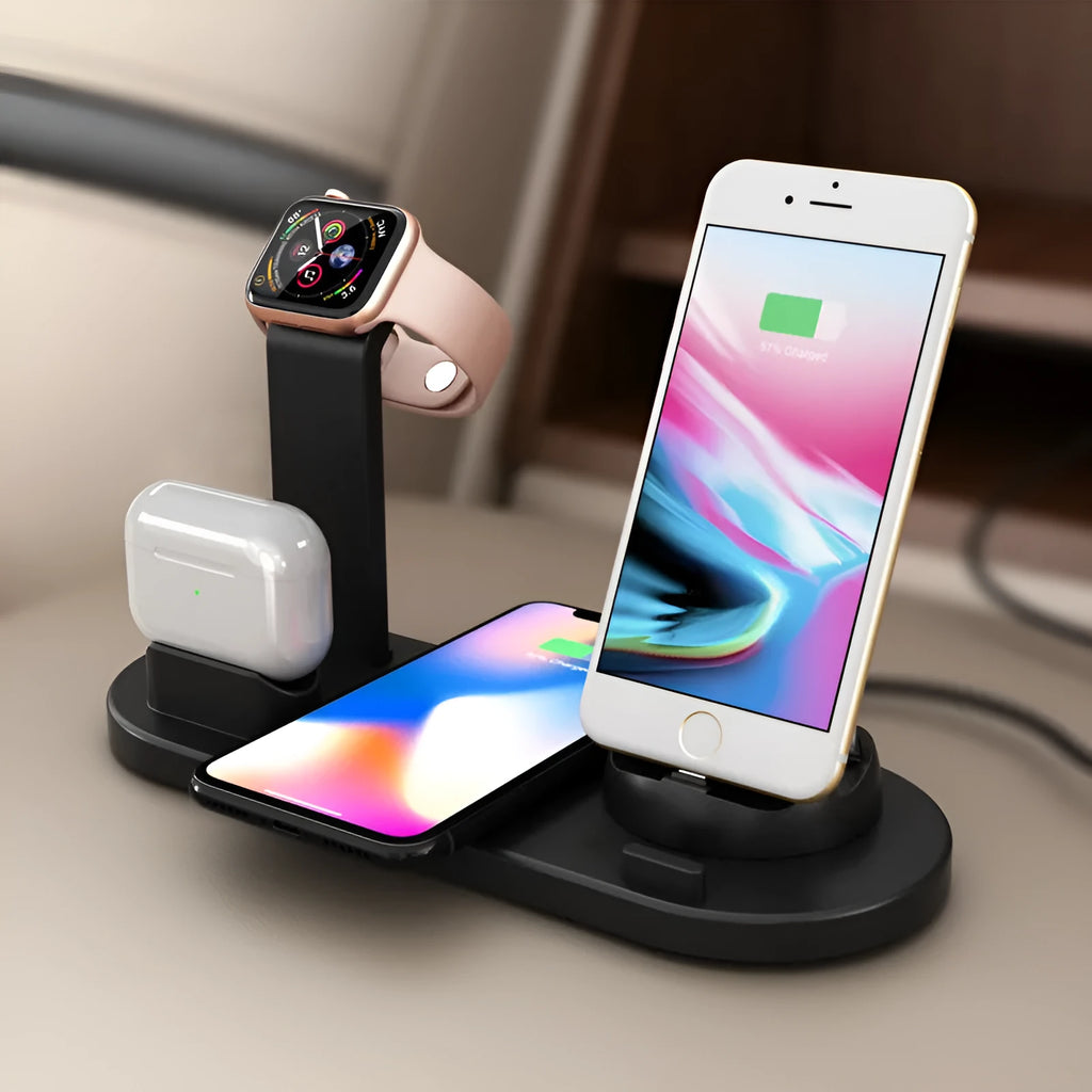 Black three-in-one wireless charging bracket holding iPhone, Apple Watch, and headphones