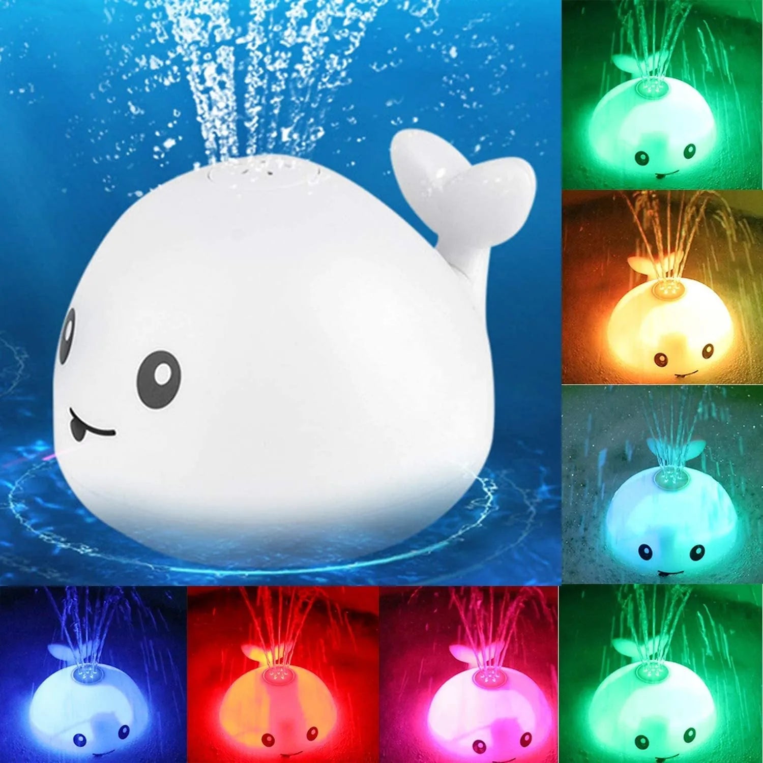Whale-shaped electric bath toy with automatic water spray, LED lights, and music functions for baby sensory development