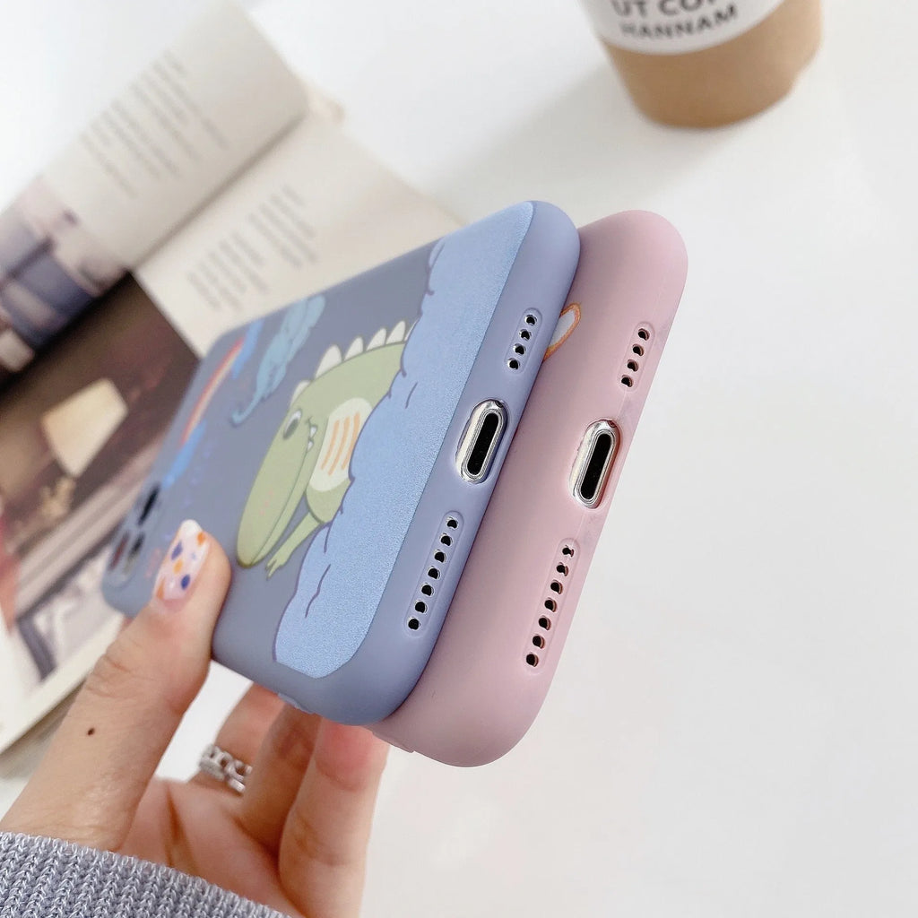 Cartoon printed TPU soft shell back cover case for iPhone with dinosaur design and frosted finish