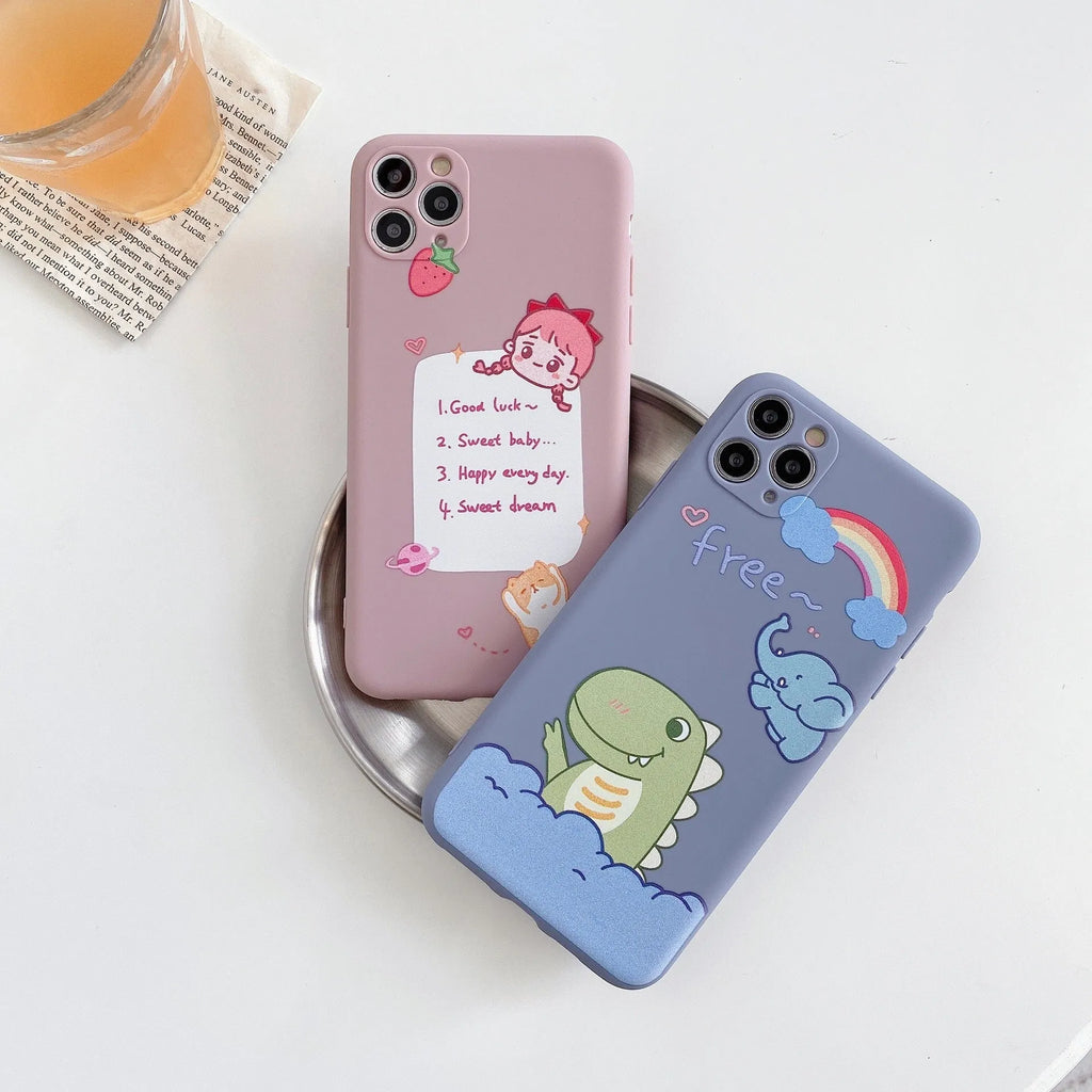 Cartoon printed TPU soft shell back cover case for iPhone with dinosaur design and frosted finish
