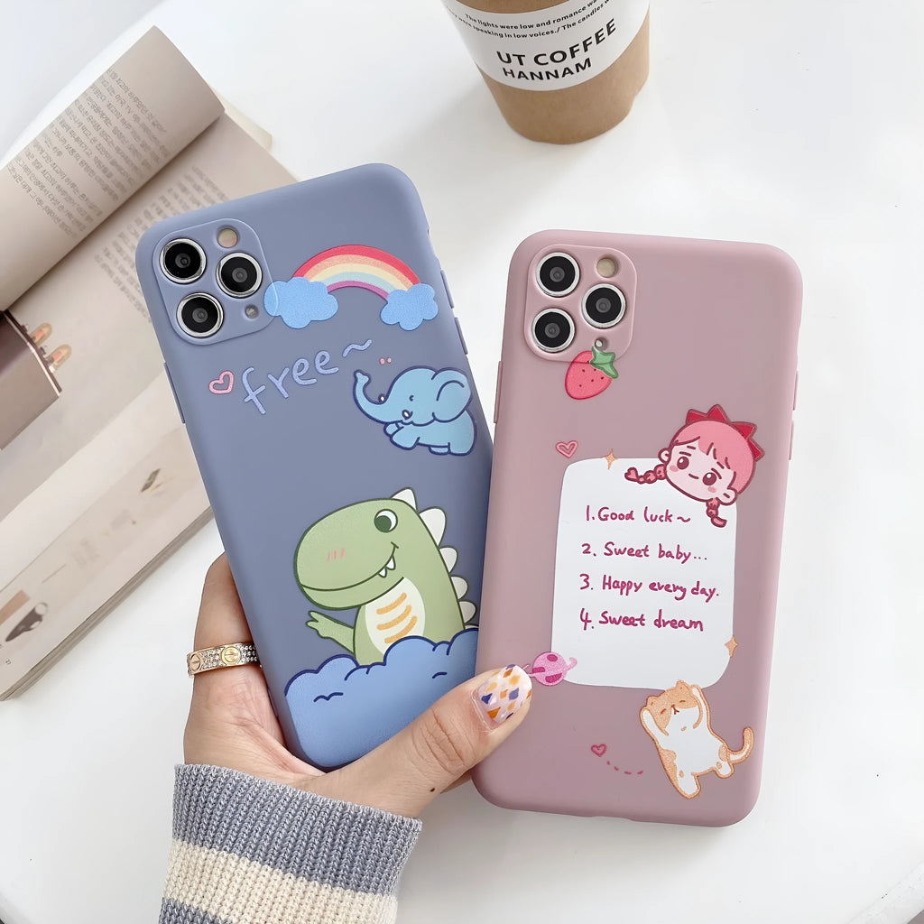 Cartoon printed TPU soft shell back cover case for iPhone with dinosaur design and frosted finish