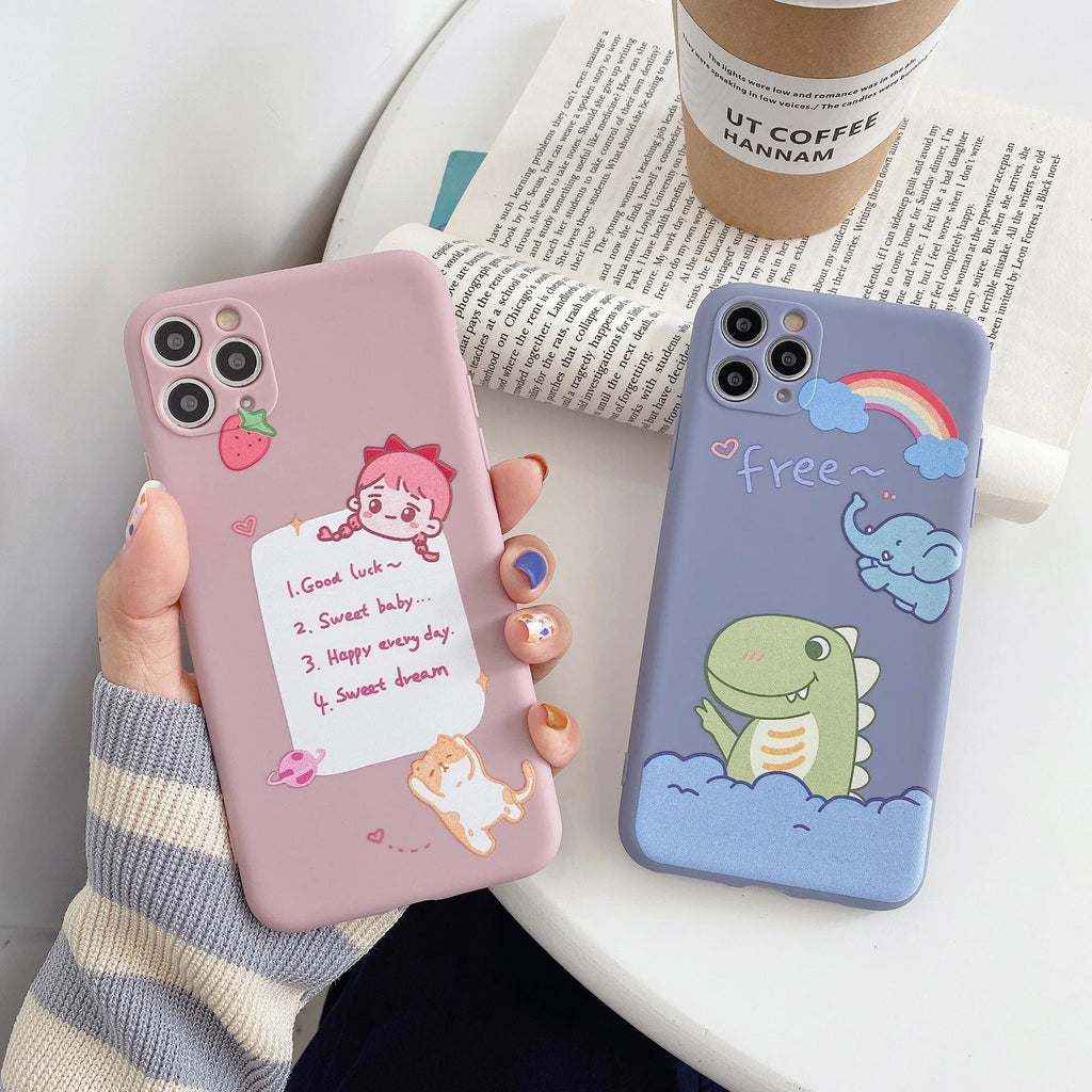 Cartoon printed TPU soft shell back cover case for iPhone with dinosaur design and frosted finish
