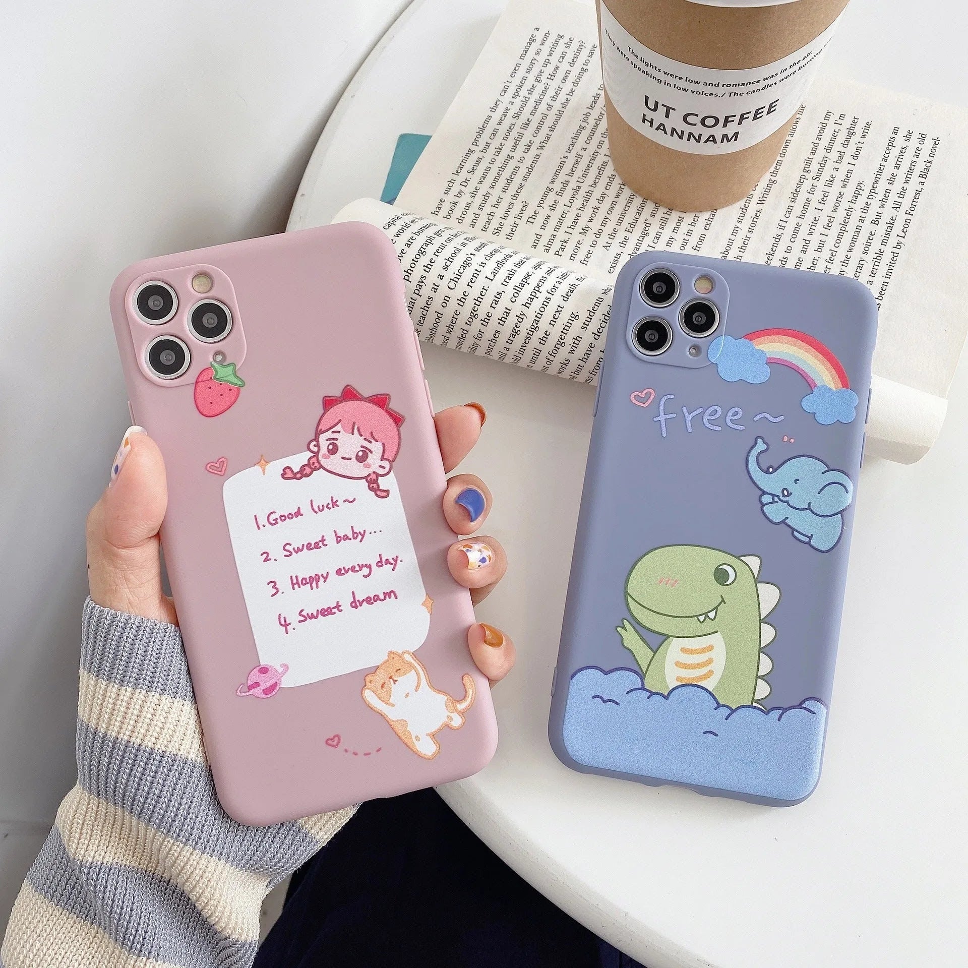 Cartoon printed TPU soft shell back cover case for iPhone with dinosaur design and frosted finish