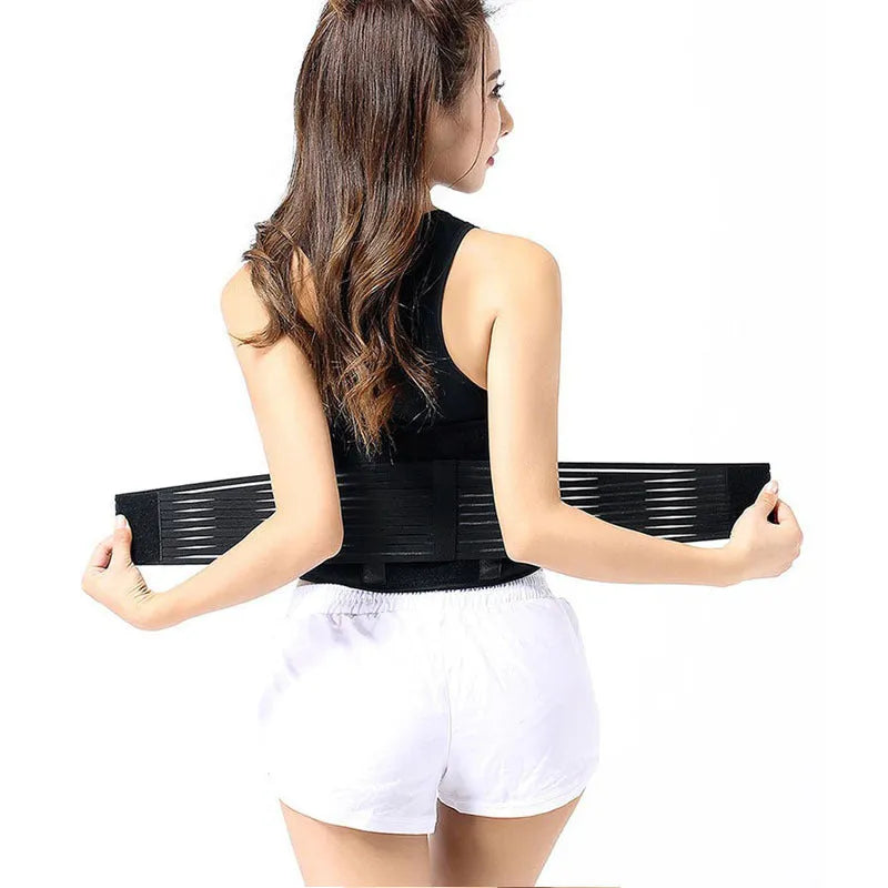 Black self-heating magnetic therapy waist support belt wrapped around a model's lower back.