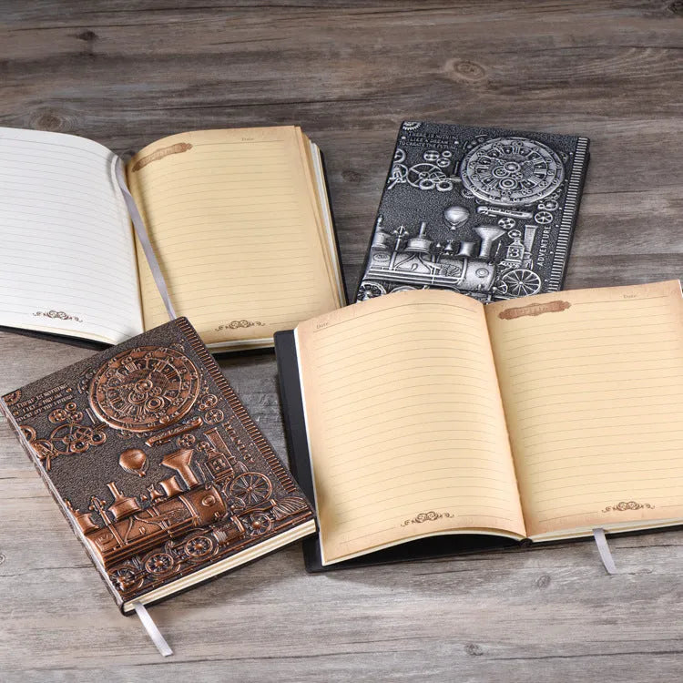 A5 retro embossed leather notepad diary in green bronze, red bronze, and silver colour options.