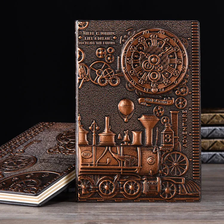 A5 retro embossed leather notepad diary in green bronze, red bronze, and silver colour options.