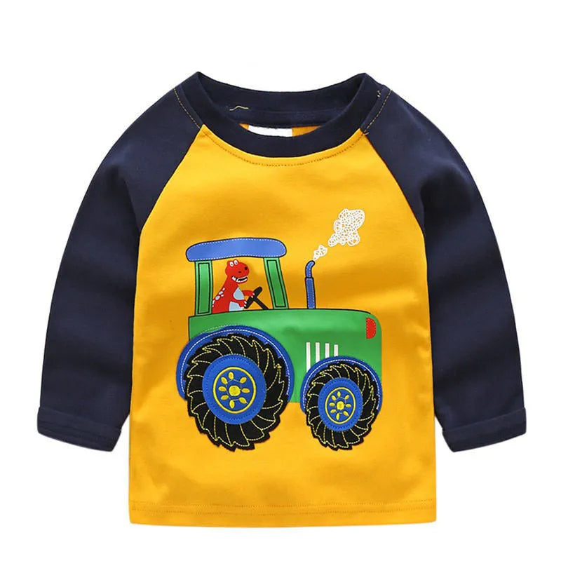 Boys long sleeve cotton t-shirt with cars, trucks, and bus striped pattern, multiple colours
