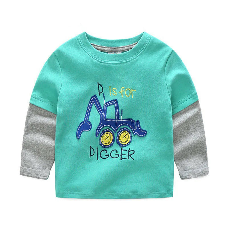 Boys long sleeve cotton t-shirt with cars, trucks, and bus striped pattern, multiple colours