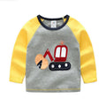 Boys long sleeve cotton t-shirt with cars, trucks, and bus striped pattern, multiple colours