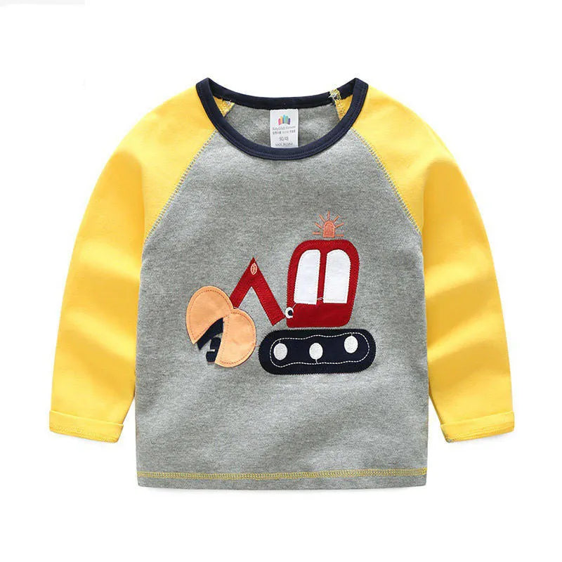 Boys long sleeve cotton t-shirt with cars, trucks, and bus striped pattern, multiple colours