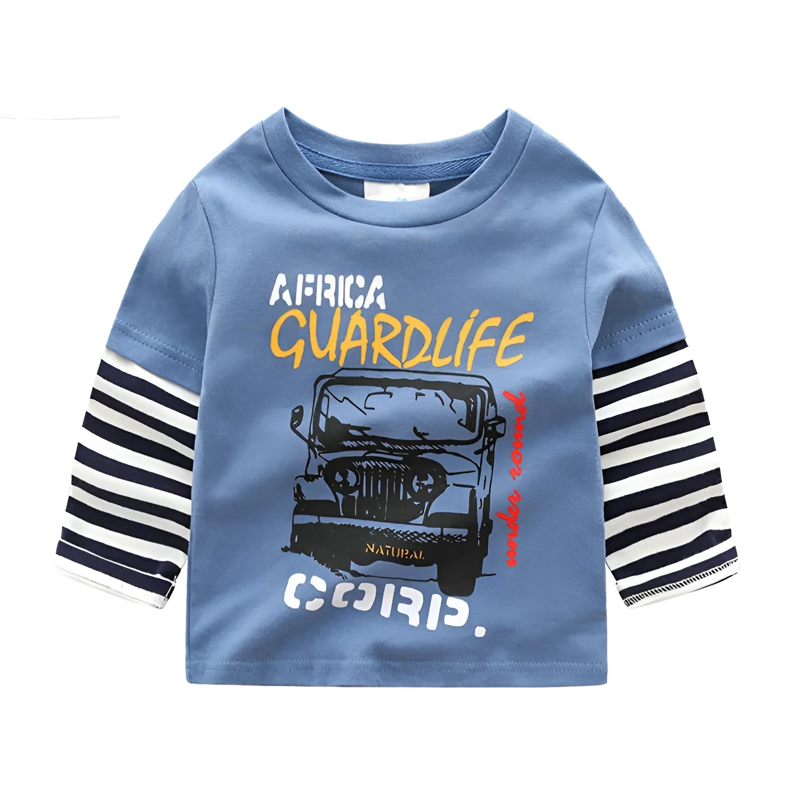 Boys long sleeve cotton t-shirt with cars, trucks, and bus striped pattern, multiple colours