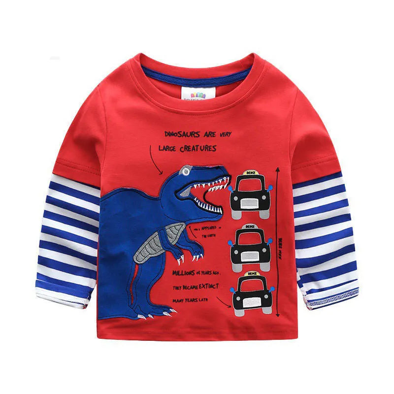 Boys long sleeve cotton t-shirt with cars, trucks, and bus striped pattern, multiple colours