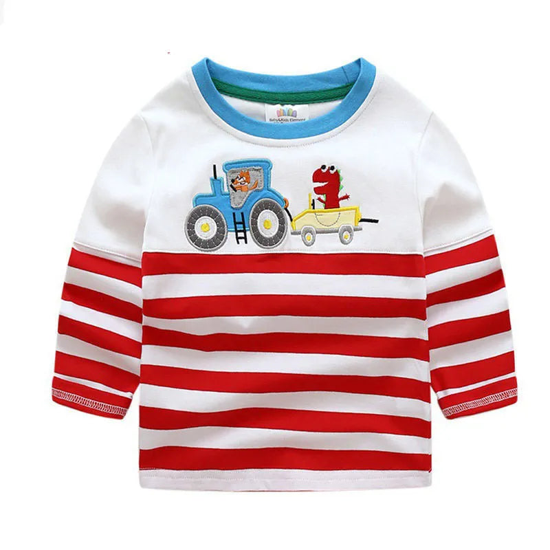 Boys long sleeve cotton t-shirt with cars, trucks, and bus striped pattern, multiple colours