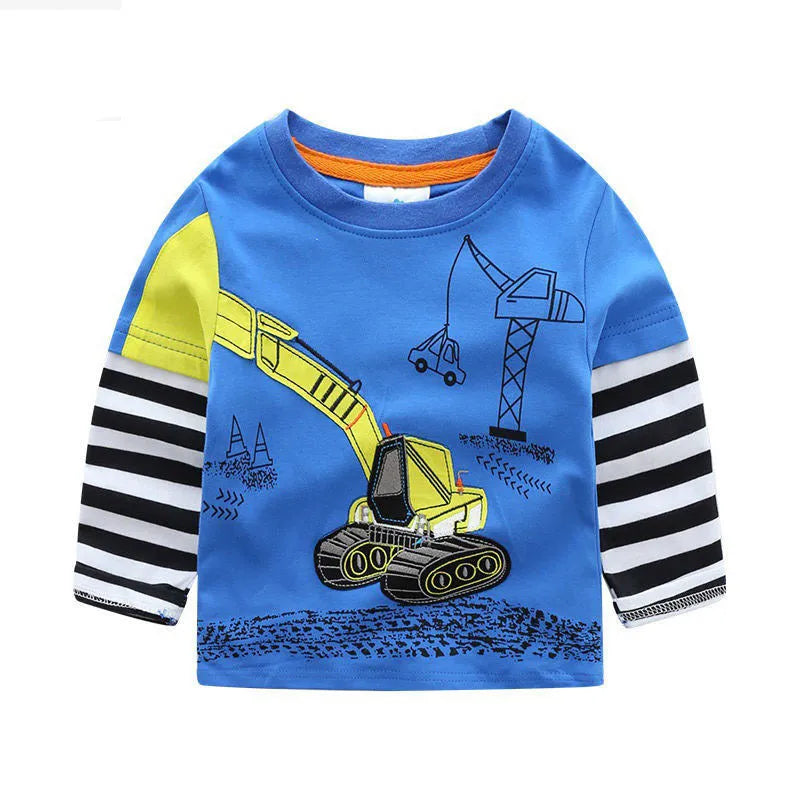 Boys long sleeve cotton t-shirt with cars, trucks, and bus striped pattern, multiple colours