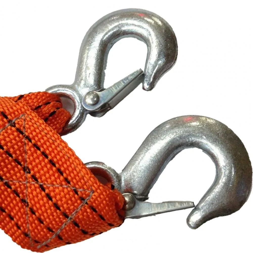 Yellow nylon trailer belt with eagle grappling hooks showing 3 ton load capacity