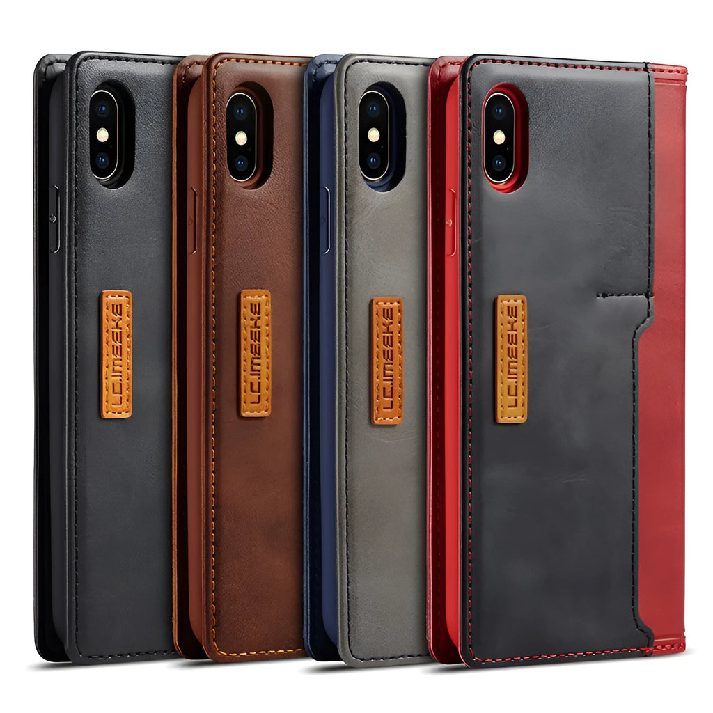 Creative retro flip wallet leather case for iPhone in black, showing card slots and closed cover.