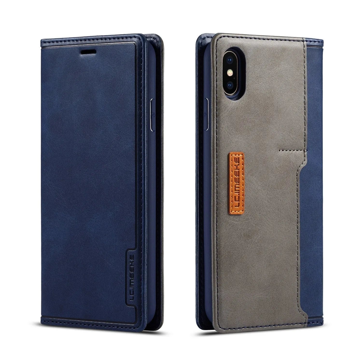 Retro brown leather wallet phone case for iPhone, shown open to reveal internal card slots.