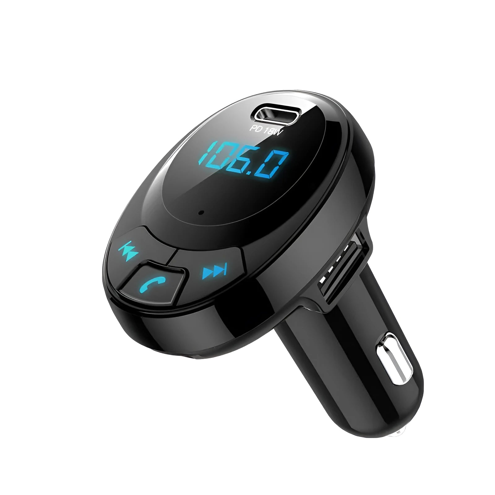 Black car MP3 charger with Bluetooth, dual USB ports, and digital display for vehicle cigarette lighter sockets
