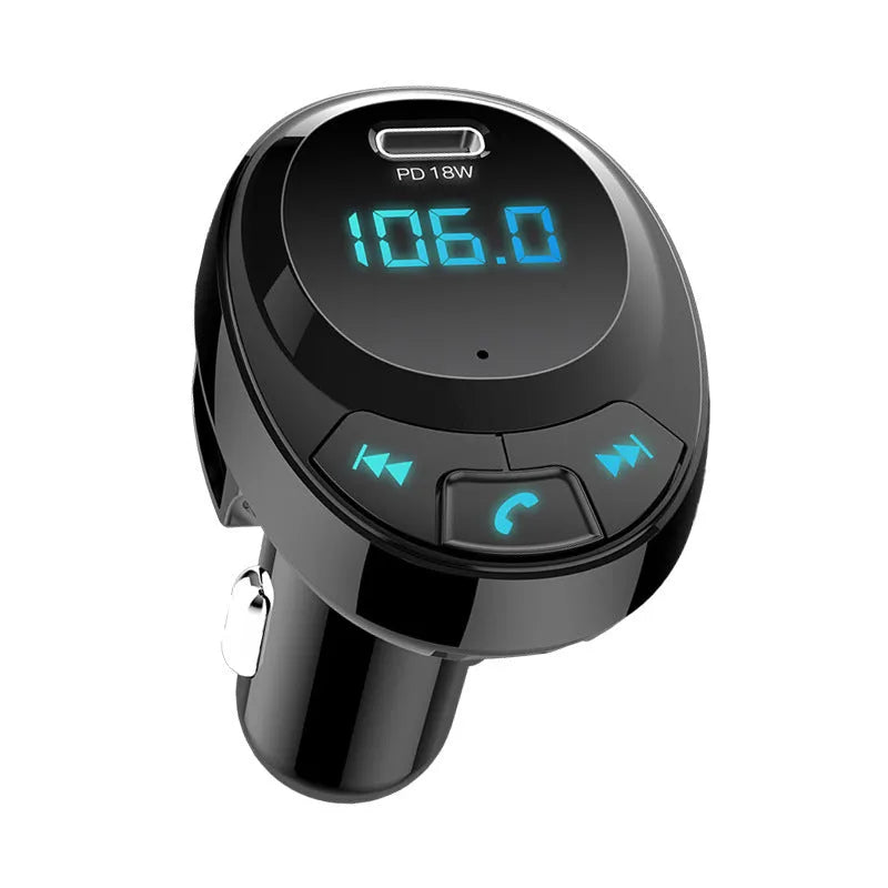 Black Bluetooth MP3 car charger with digital display and dual USB ports for vehicle audio and charging