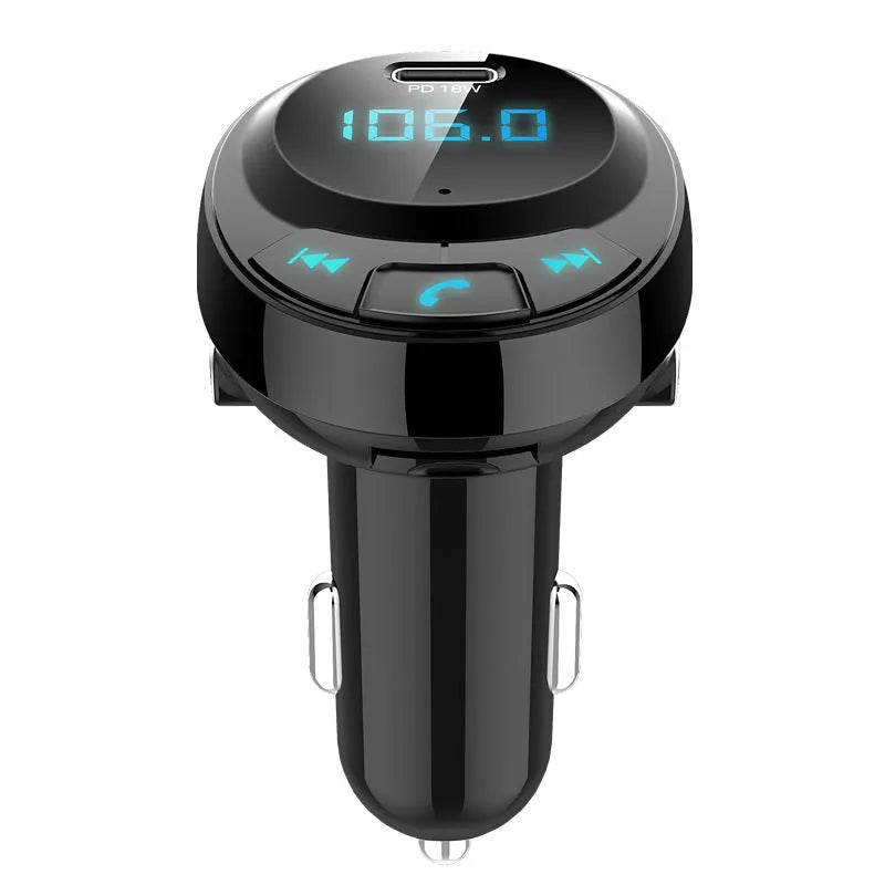 Black car MP3 charger with Bluetooth, dual USB ports, and digital display for vehicle cigarette lighter sockets
