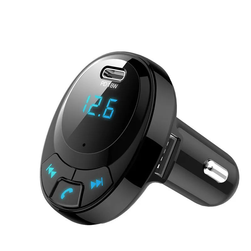 Black Bluetooth MP3 car charger with digital display and dual USB ports for vehicle audio and charging