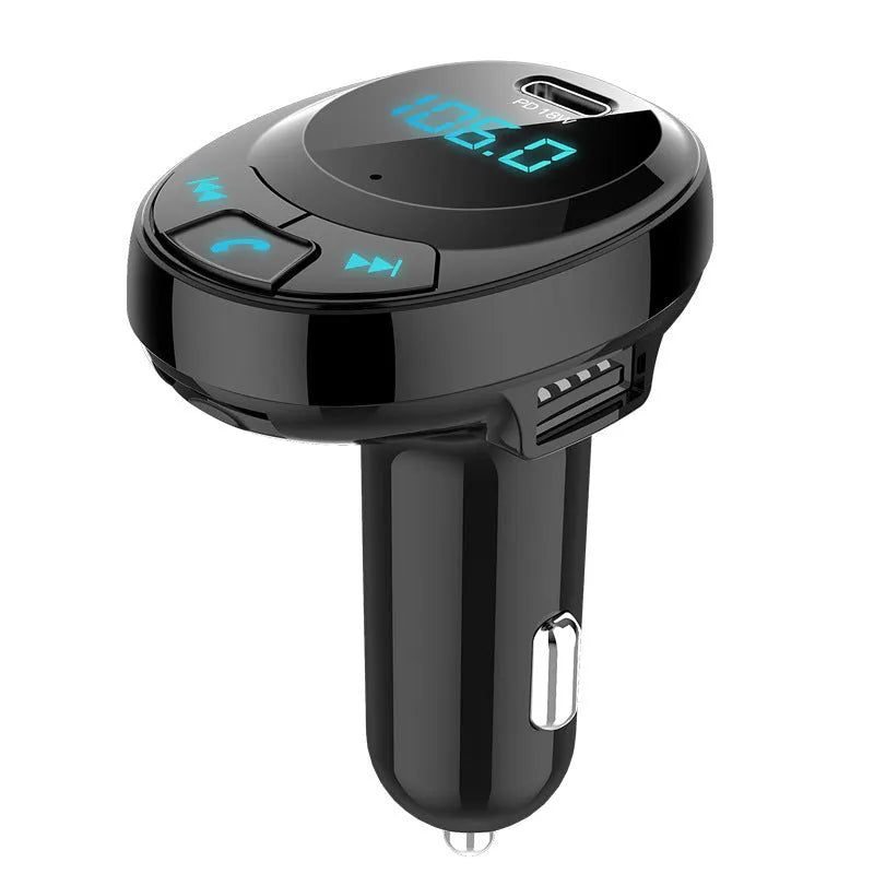 Black Bluetooth MP3 car charger with digital display and dual USB ports for vehicle audio and charging