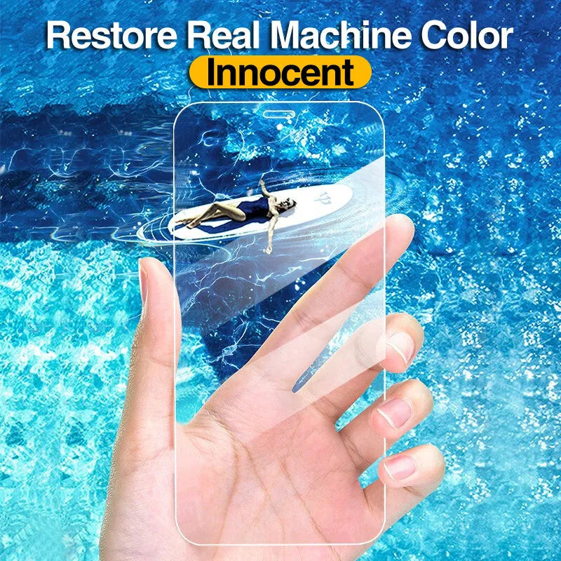 Four transparent tempered glass screen protectors for Apple iPhone models on a clean surface.
